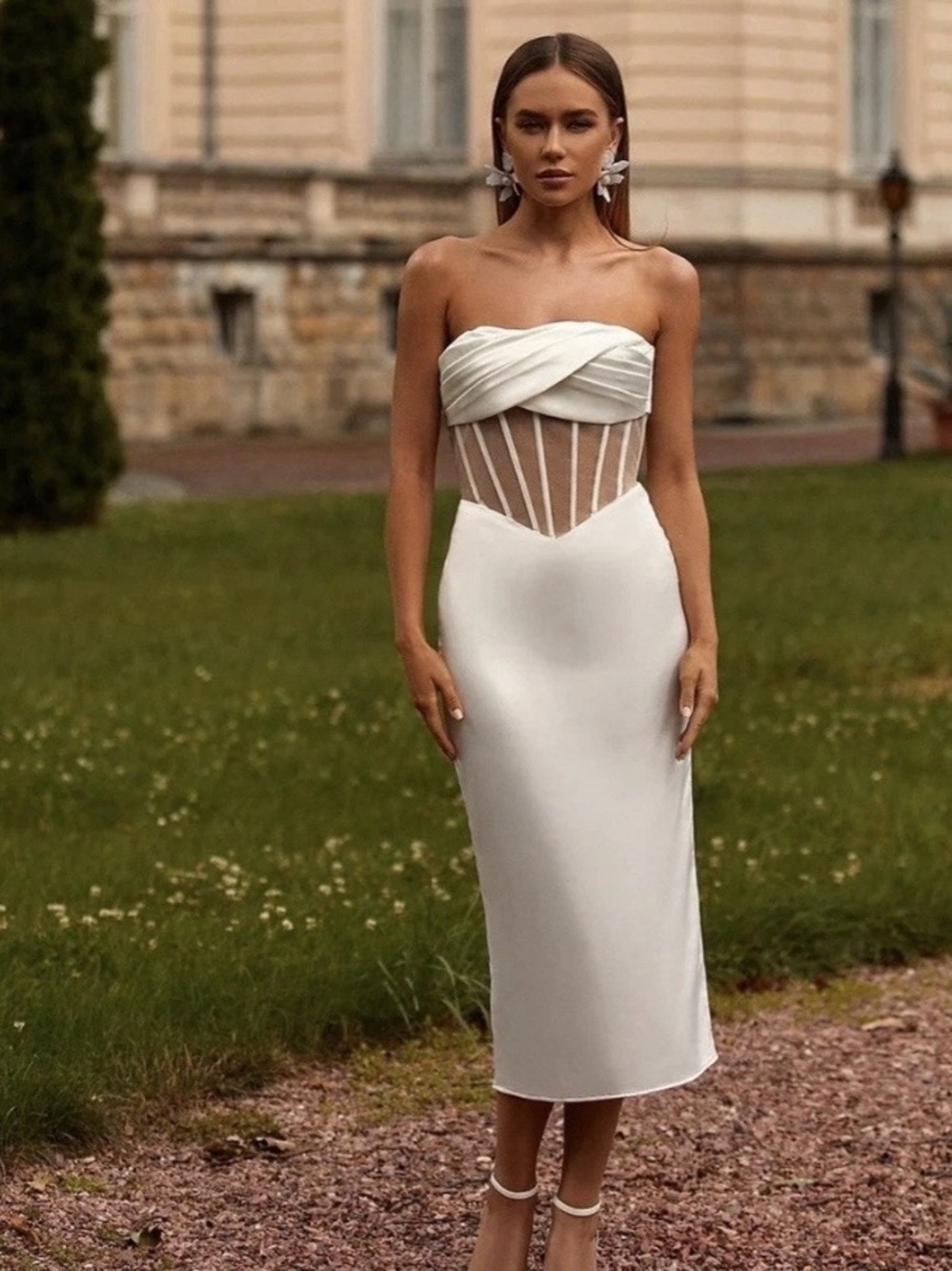 Alamour The Label White Strapless Sheer-Panel Midi Dress